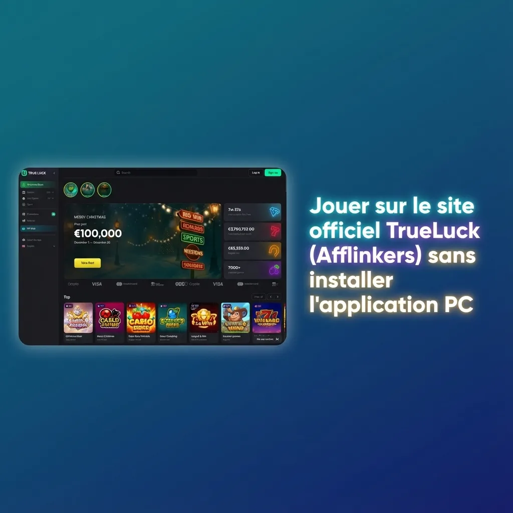 Écran d’ordinateur affichant le site officiel TrueLuck ouvert dans un navigateur, sans application PC installée