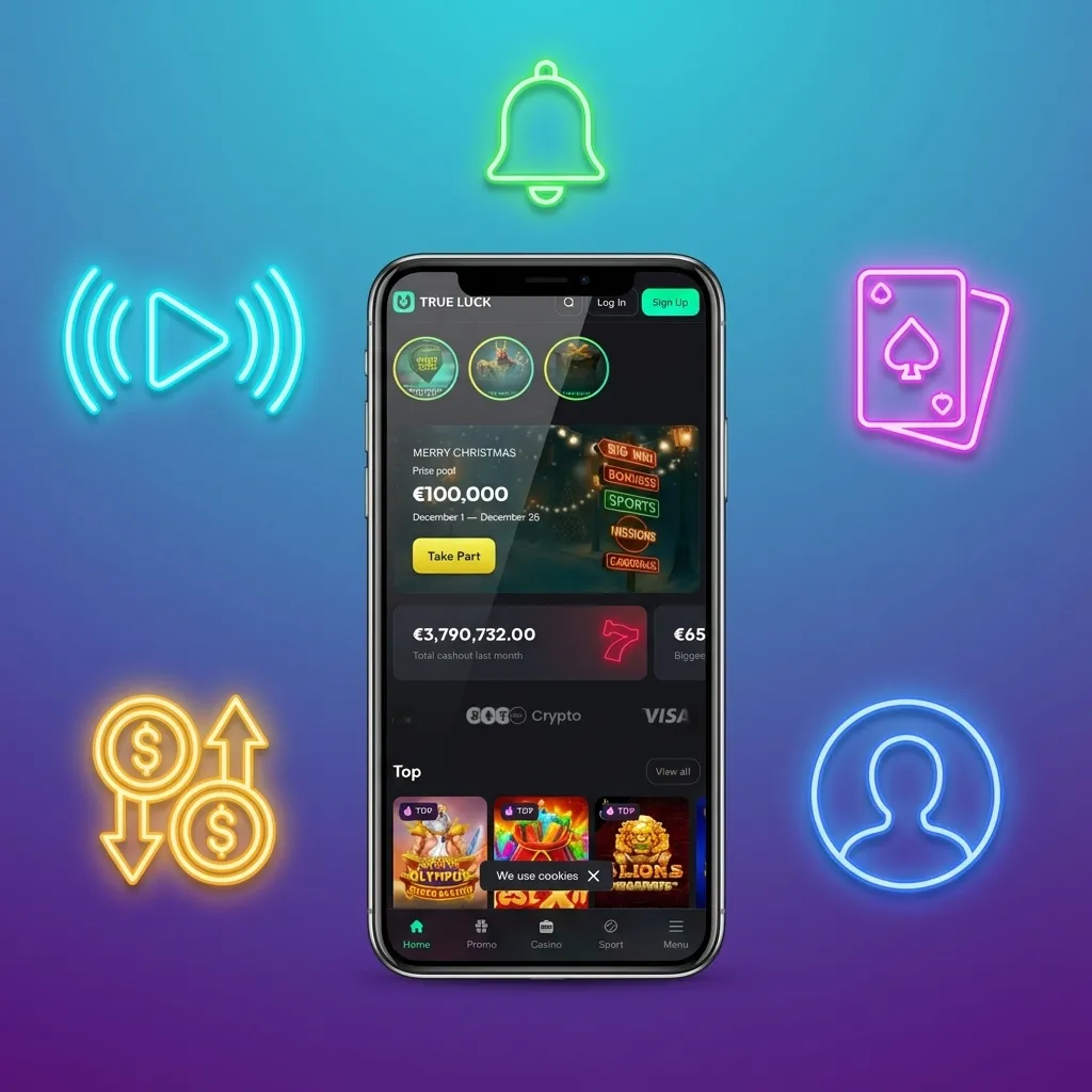Illustrated TrueLuck (Afflinkers) mobile app screen highlighting Irish-focused betting, slots, live casino, and sportsbook features
