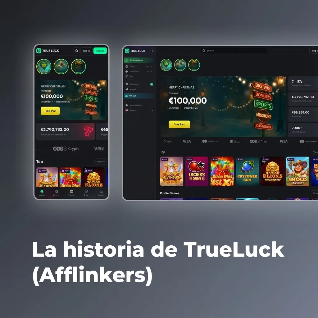 Infografía sobre la historia de TrueLuck (Afflinkers), casino online regulado en España, fundado en 2020.
