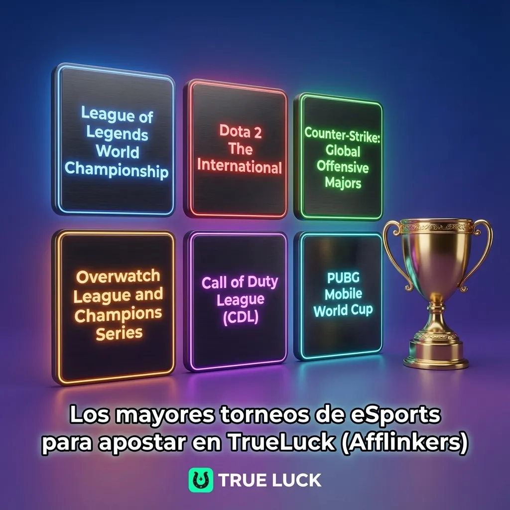 Tabla de torneos eSports destacados para apostar en TrueLuck, con listas por juego como Dota 2, CS2 y LoL