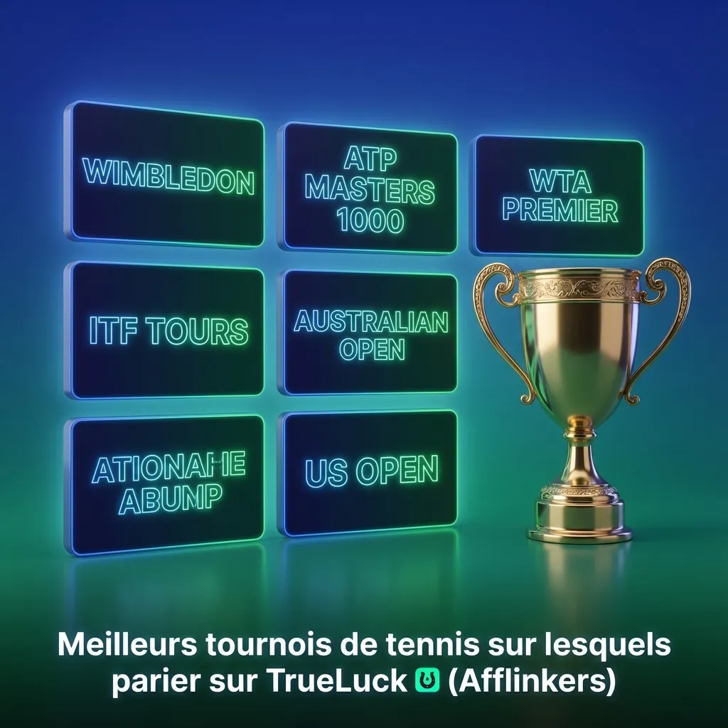 Balle de tennis sur un court, avec logos TrueLuck et Afflinkers et liste de grands tournois pour parier