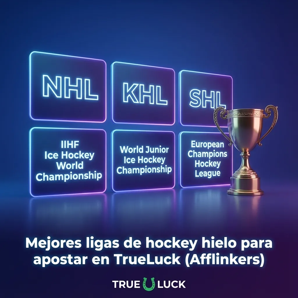 Banner de TrueLuck con jugador de hockey hielo y logos de ligas NHL, KHL y europeas para apostar