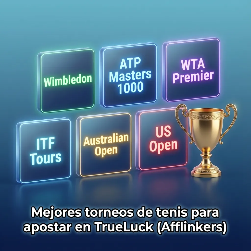 Banner de apuestas de tenis TrueLuck con raqueta, pelotas y logos de Grand Slams, ATP, WTA y copas por equipos