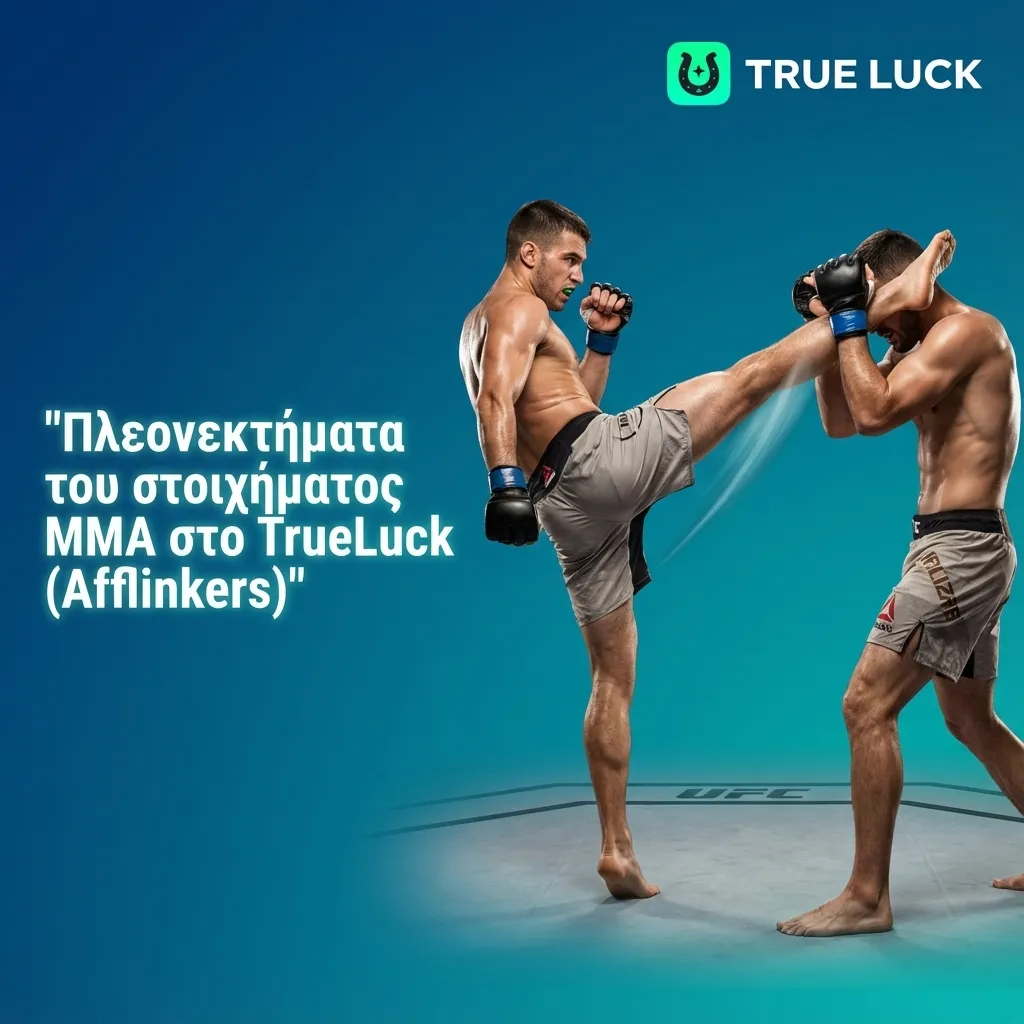 Δύο MMA μαχητές σε κλουβί, με λογότυπο TrueLuck και ελληνικό κείμενο για στοίχημα σε κορυφαίους αγώνες