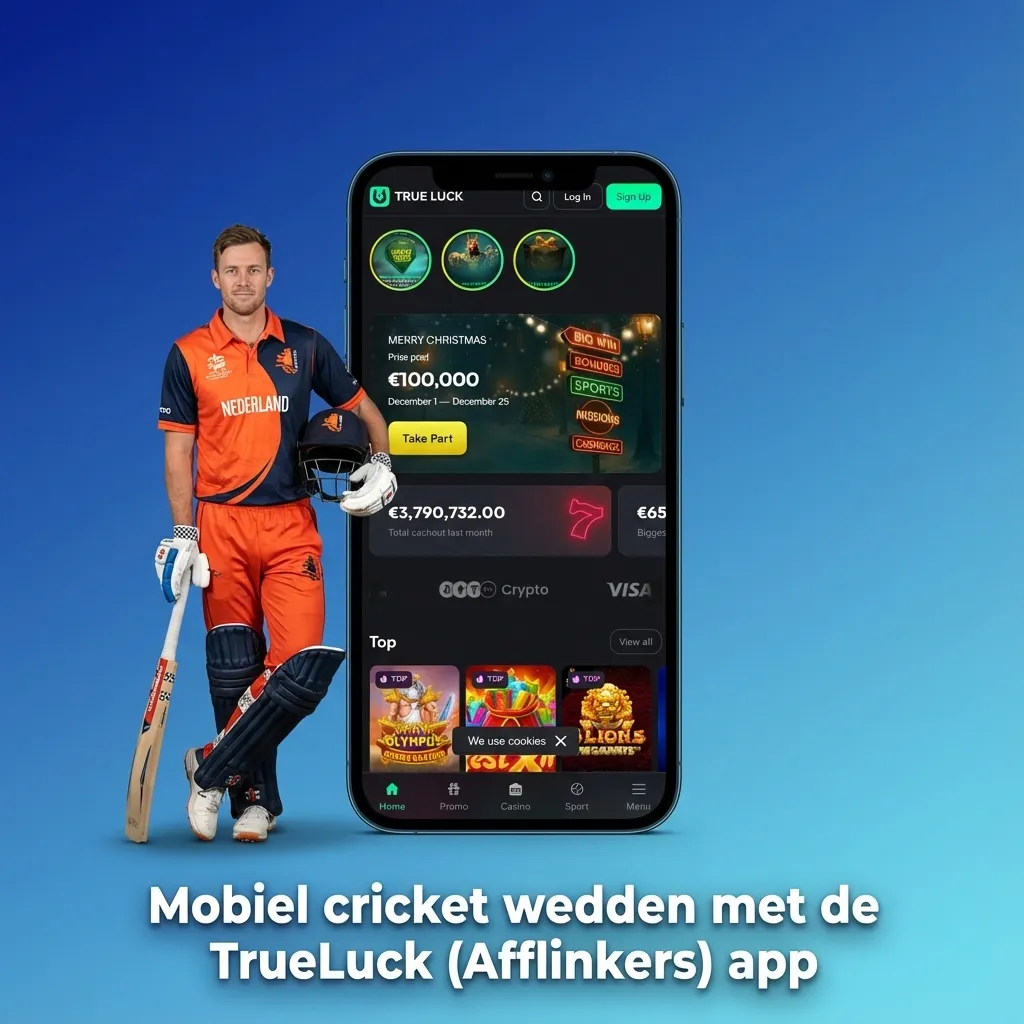 Hand met smartphone toont TrueLuck cricket wedden app, met live quoteringen en wedstrijden in een sportweddenschappen interface.