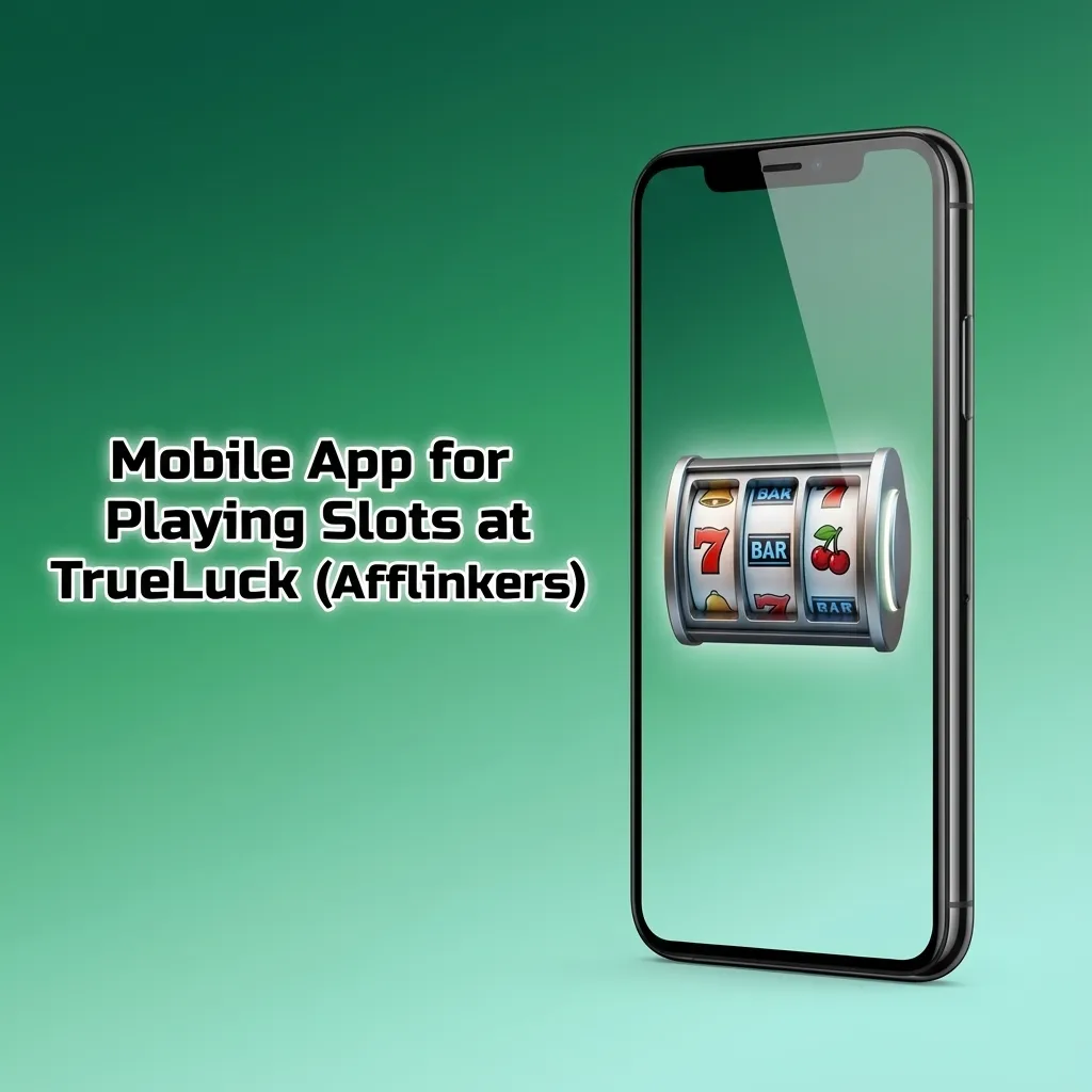 Hand holding a smartphone showing the TrueLuck slots app interface with colorful slot game tiles and navigation icons.
