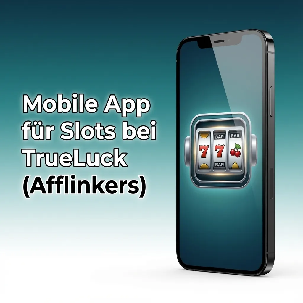 Smartphone mit geöffneter TrueLuck Slots-App, übersichtliche Slot-Liste, Daumen tippt auf Spin-Button unterwegs