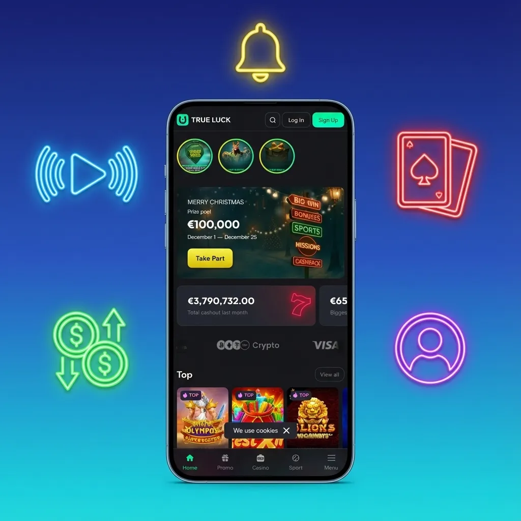 Οθόνη κινητού με την εφαρμογή TrueLuck casino & στοίχημα, ελληνικό περιβάλλον και εικονίδια πληρωμών Visa, Revolut, τράπεζες