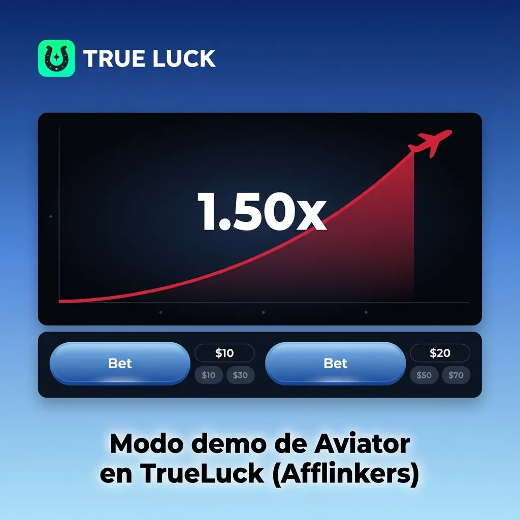 Interfaz del modo demo de Aviator en TrueLuck mostrando avión, multiplicador y saldo virtual para practicar sin riesgo