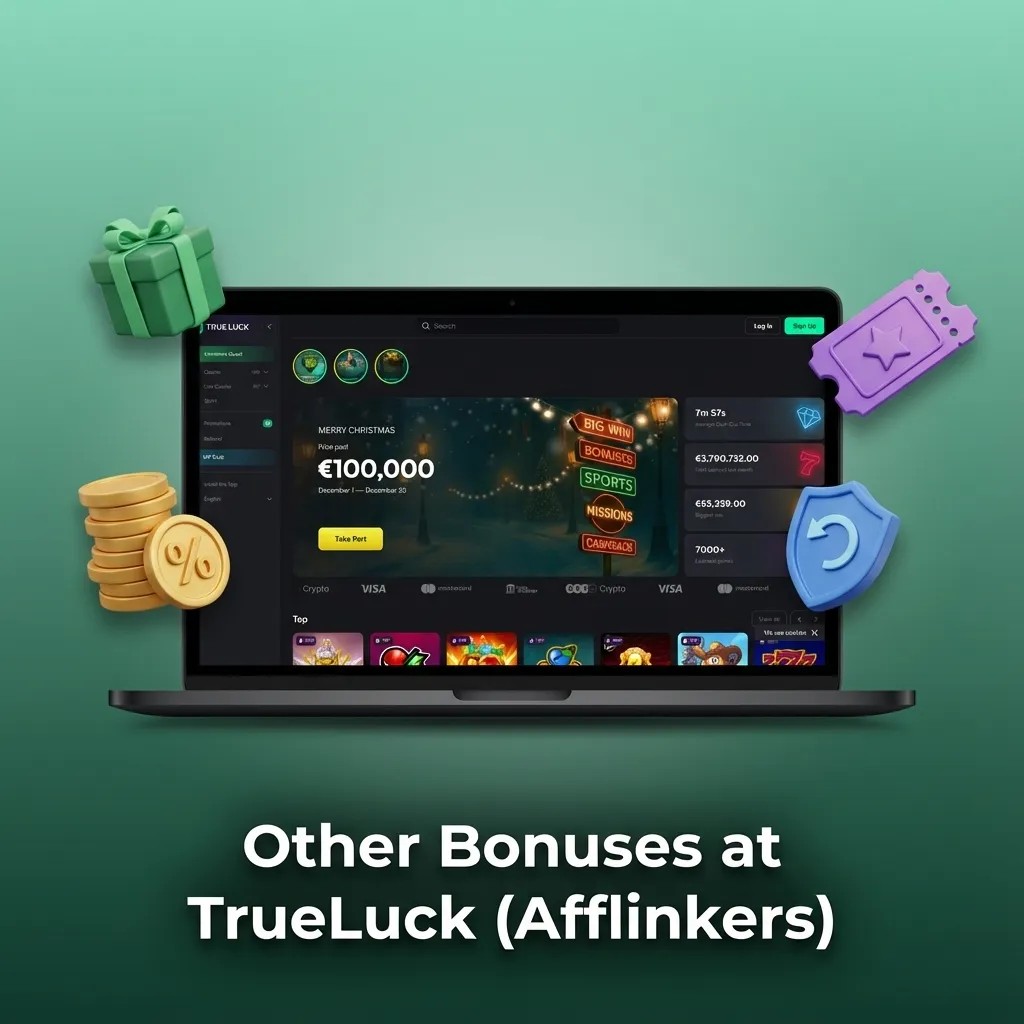 Colorful TrueLuck (Afflinkers) promo banner highlighting reload bonuses, free spins, cashback, sports boosts, and VIP rewards