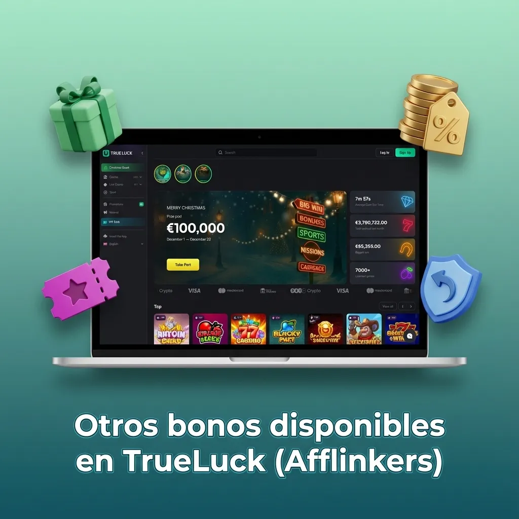 Banner de TrueLuck Afflinkers mostrando bonos de recarga, giros gratis, torneos, apuestas deportivas y programa VIP