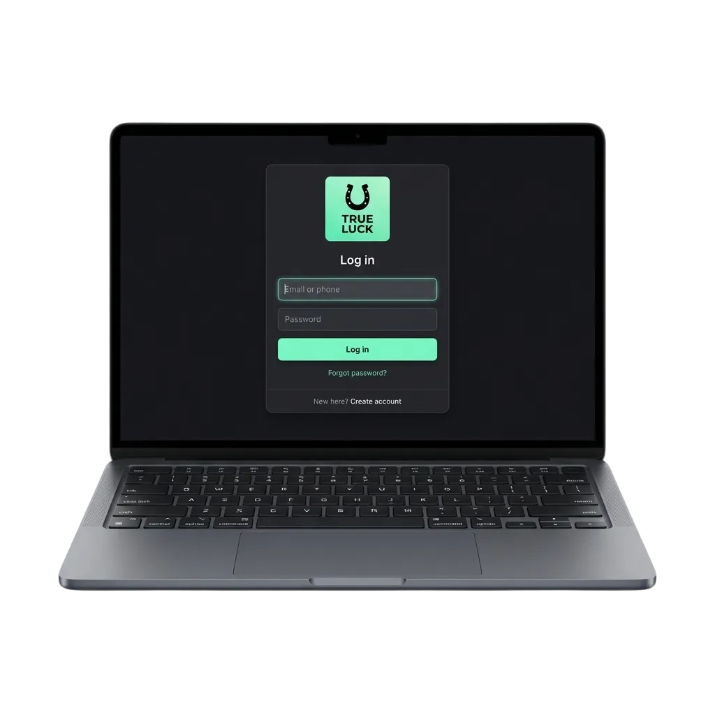 Page de connexion TrueLuck (Afflinkers) en français sur ordinateur et mobile, champs e‑mail, mot de passe et bouton se connecter