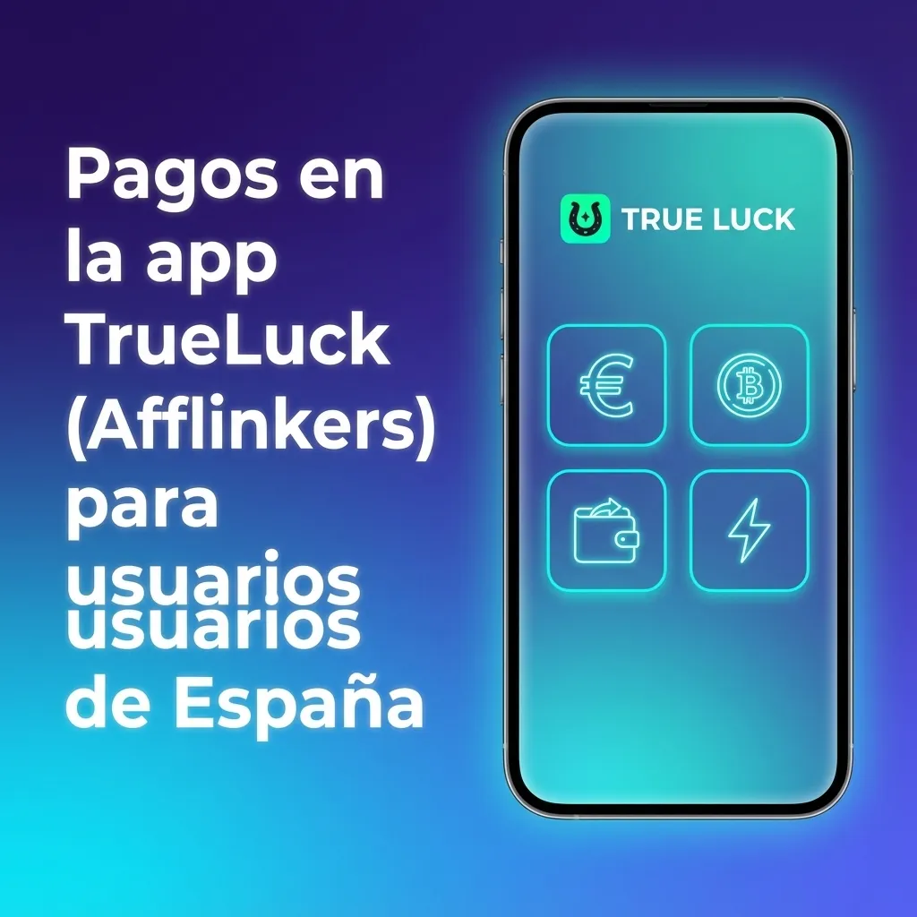 Pantalla móvil de la app TrueLuck mostrando métodos de pago en España: banco, tarjeta, Revolut, Apple Pay, Google Pay y cripto