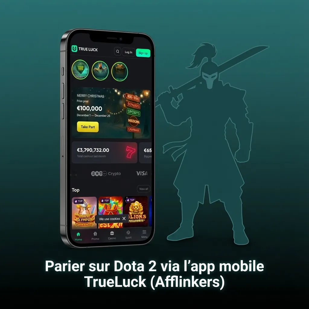 Jeune joueur utilisant l’app mobile TrueLuck pour parier en direct sur un match de Dota 2 en déplacement