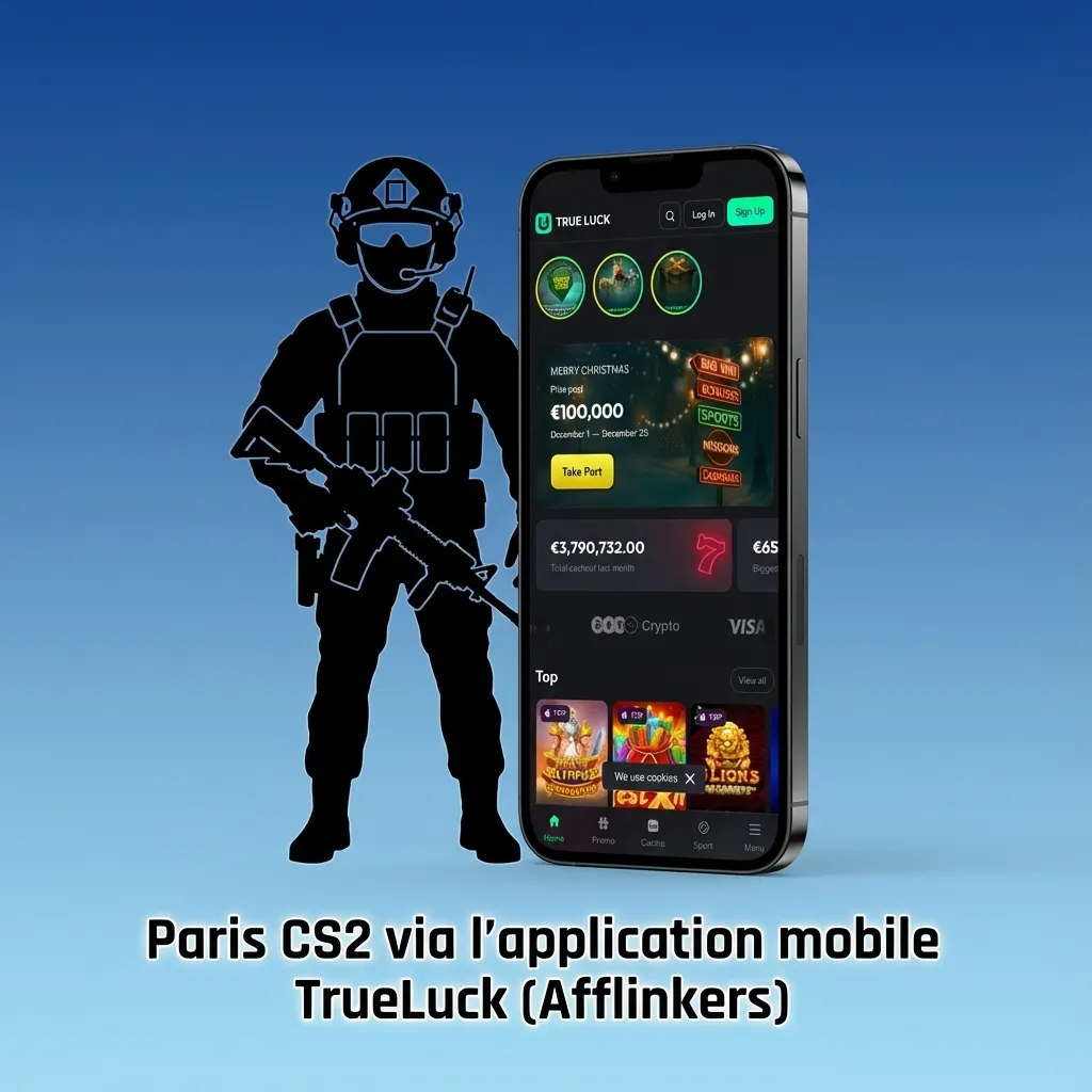 Smartphone screen showing the TrueLuck (Afflinkers) app for live CS2 esports betting and match markets
