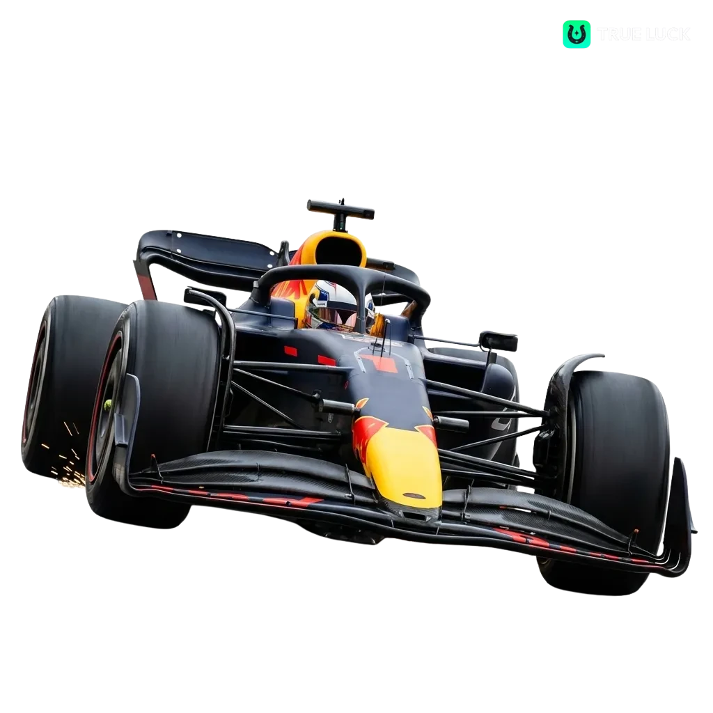 Bannière paris Formule 1 en ligne sur TrueLuck, avec voiture de course F1 et texte bonus de bienvenue en français