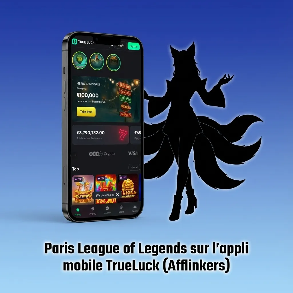 Smartphone affichant l’appli TrueLuck pour parier sur League of Legends, avec interface de paris e-sport en français