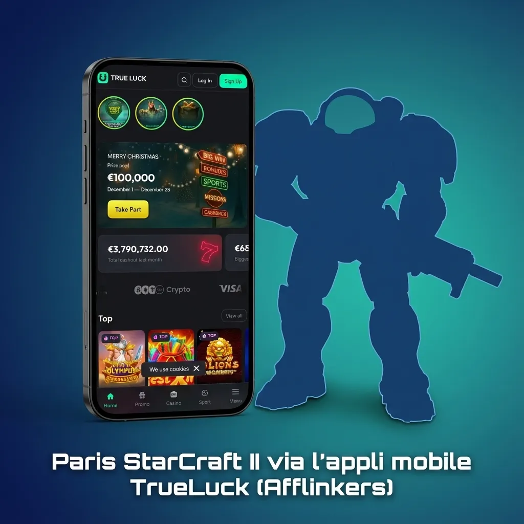 Smartphone affichant l’appli TrueLuck pour parier en direct sur StarCraft II, avec interface de paris esports en français