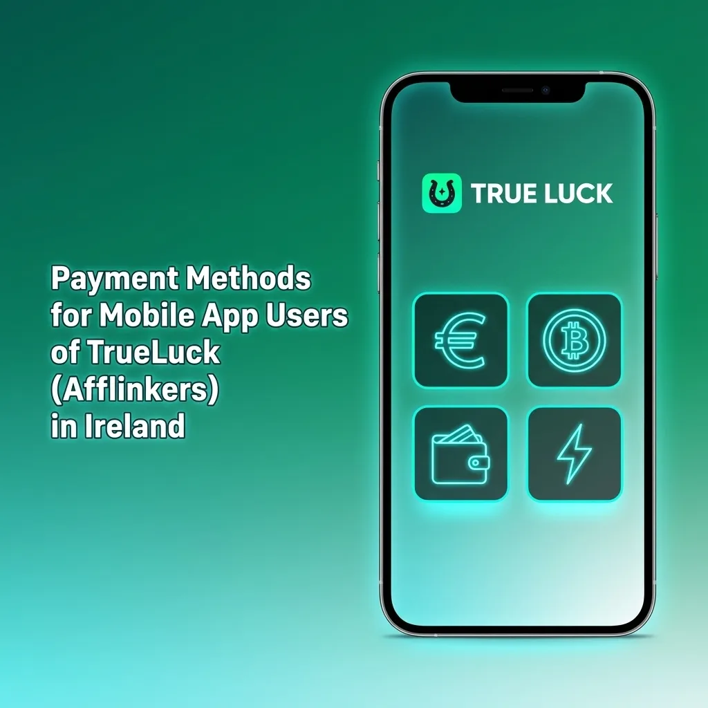 Illustration of TrueLuck iOS app showing Irish payment methods: Visa, Mastercard, Revolut, Skrill, Neteller, Paysafecard, bank.