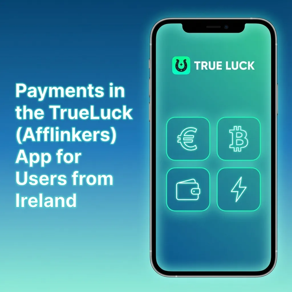 TrueLuck (Afflinkers) Ireland payments screen showing € balance and icons for cards, Revolut, bank, Google Pay, and crypto
