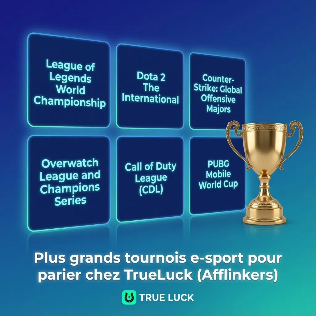 Tableau listant les plus grands tournois e-sport pour parier chez TrueLuck, classés par jeu et compétition.