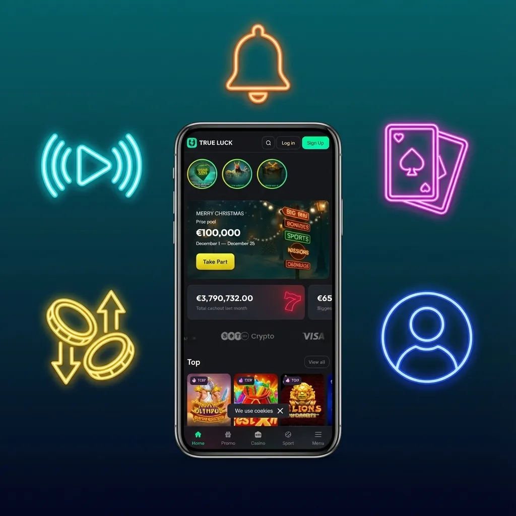Mockup de l’app mobile TrueLuck (Afflinkers) montrant casino, paris sportifs, bonus de bienvenue et paiement en euros