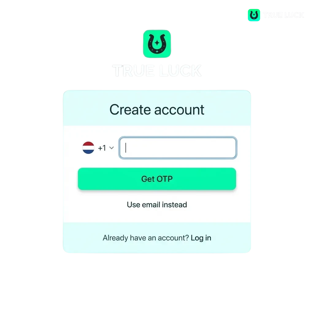 TrueLuck registratie en login scherm met formulieren voor accountaanmaak, identity check en welkomstbonusdetails in het Nederlands