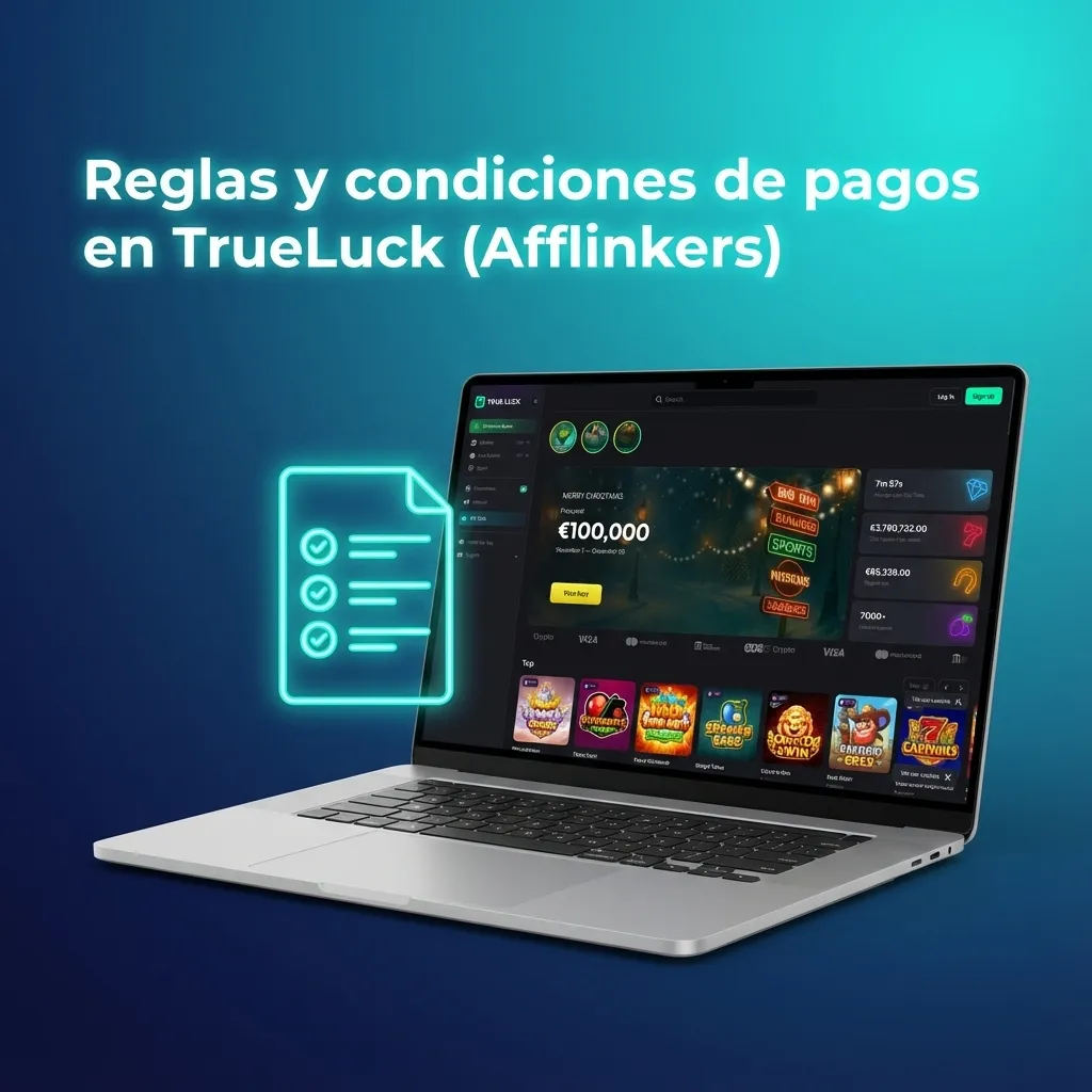 Infografía en español que explica reglas y condiciones de pagos y retiradas en TrueLuck (Afflinkers) España