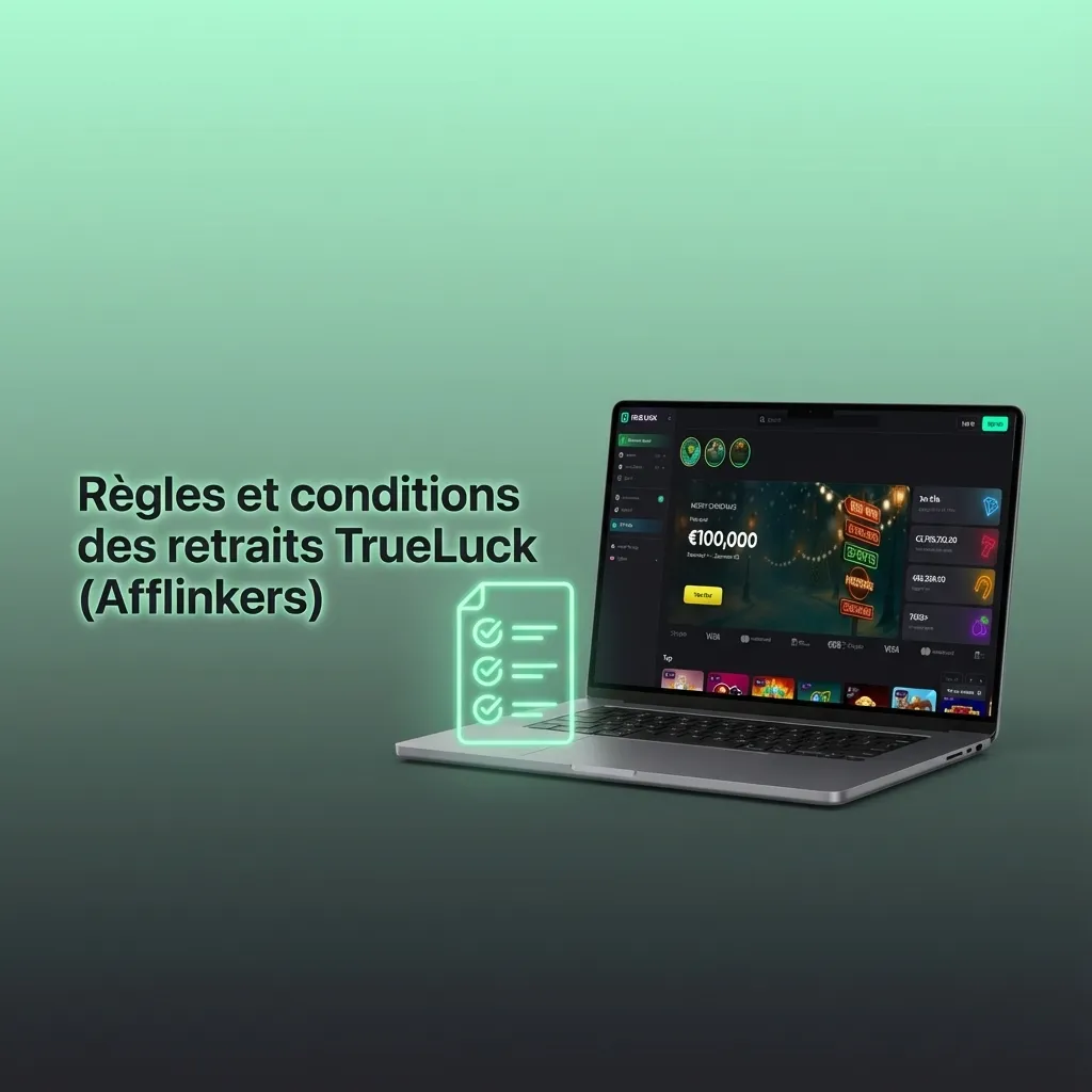 Infographie des règles de retrait TrueLuck (Afflinkers) : KYC, montants minimum, méthodes, bonus et limites de retraits