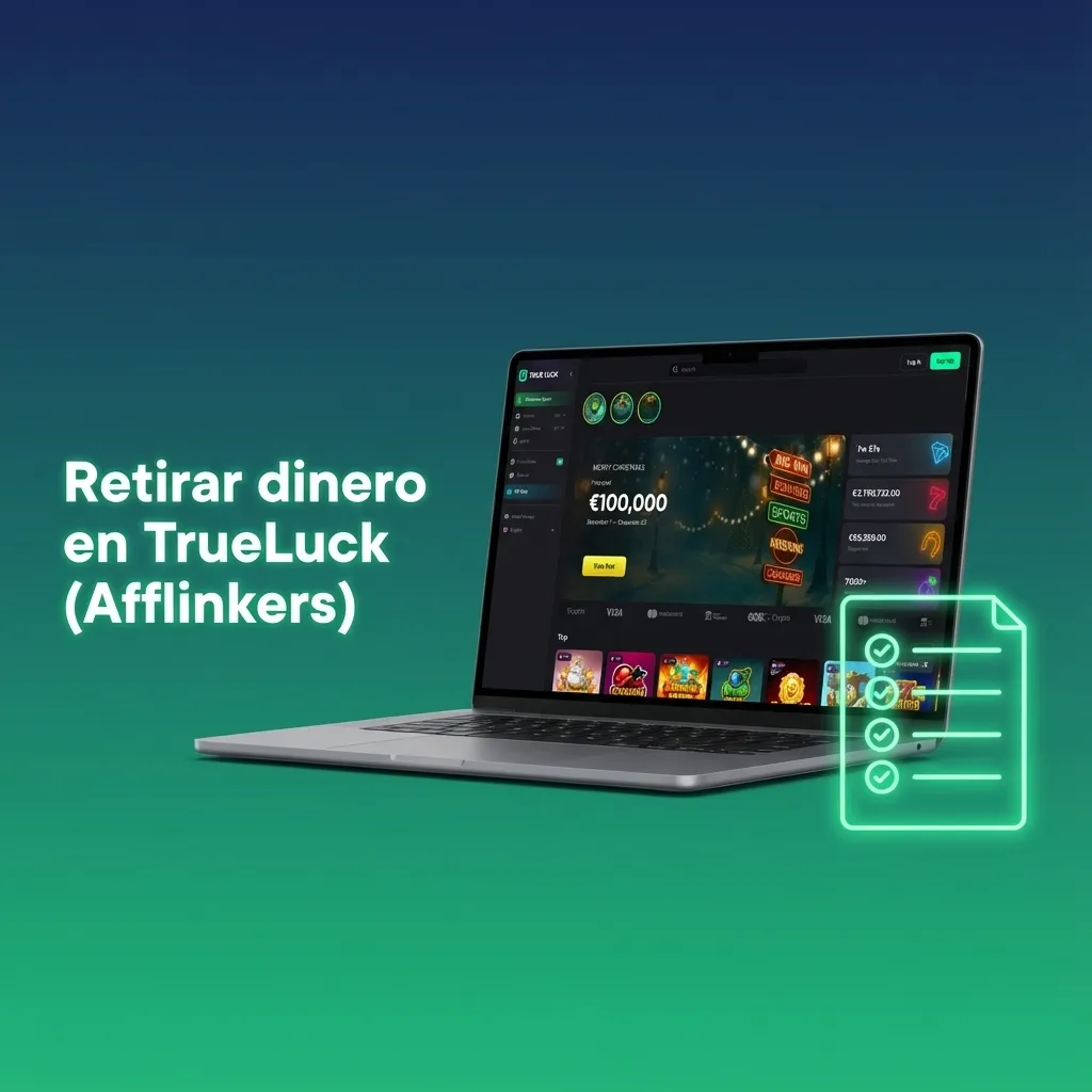 Ilustración de usuario retirando dinero en TrueLuck, mostrando pasos de verificación, elección de método y confirmación segura