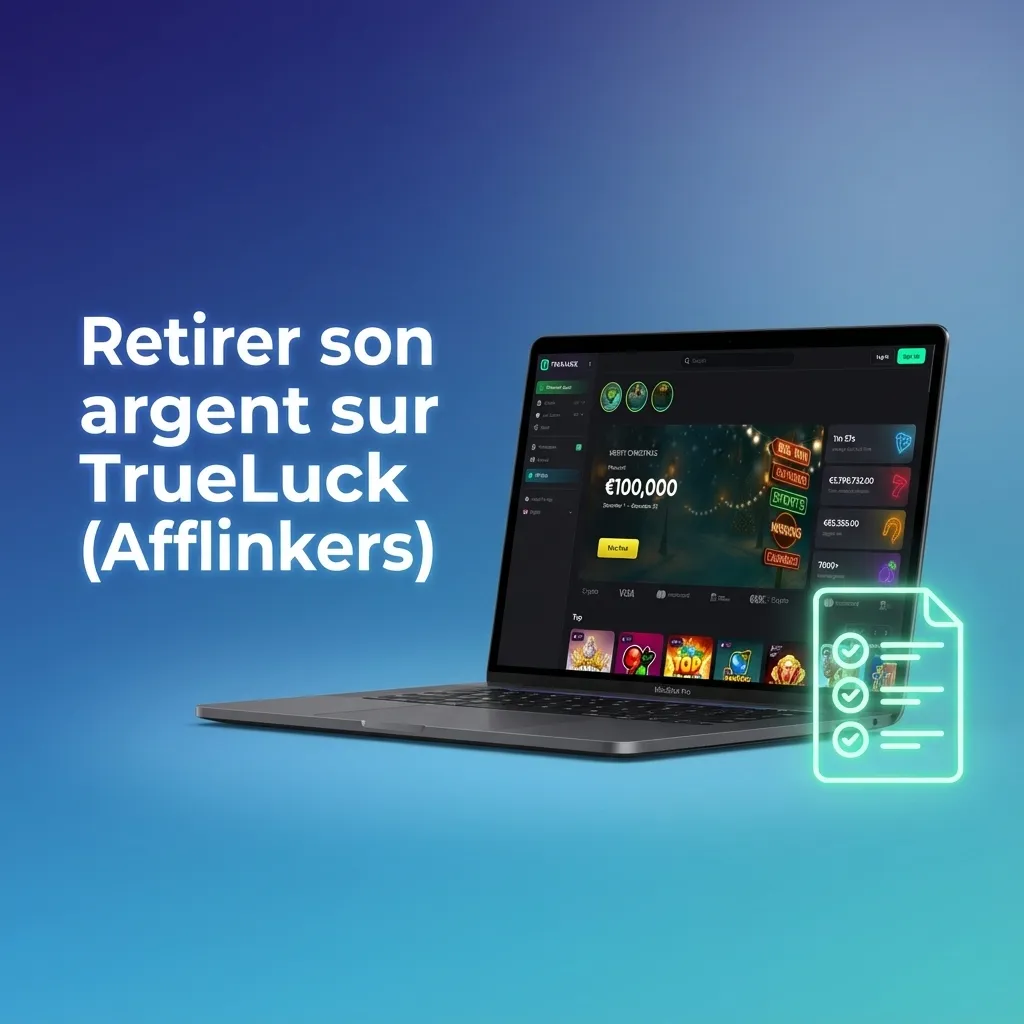 Interface TrueLuck Afflinkers : joueur retire ses gains, formulaire de retrait avec champs montant et méthode de paiement