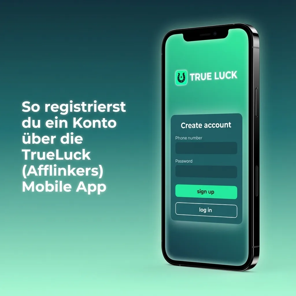 Smartphone-Screenshot der TrueLuck (Afflinkers) App mit Registrierformular für Kontoerstellung in Deutschland