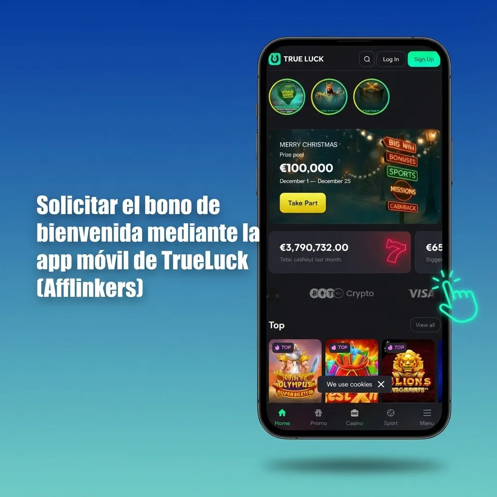 Persona usando la app móvil de TrueLuck para registrarse, depositar y solicitar un bono de bienvenida