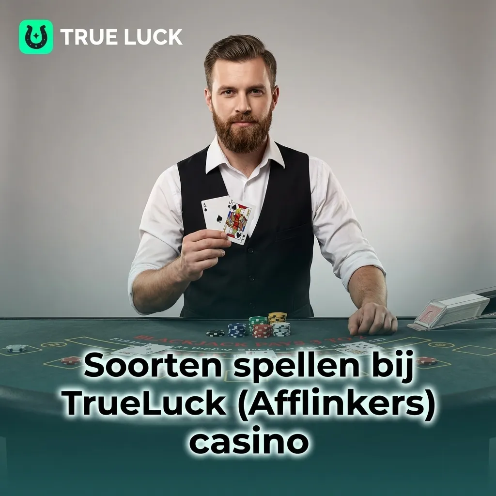 Overzichtsafbeelding TrueLuck (Afflinkers) casino met categorieën: slots, crash games, tafels, jackpots, videopoker en instant win.