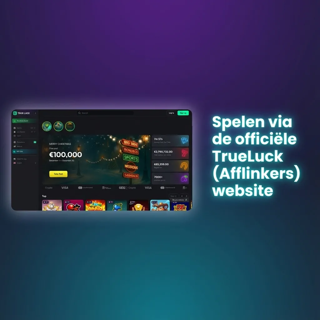 TrueLuck (Afflinkers) website op laptopscherm, met opties voor registratie, stortingen, sportweddenschappen en casino