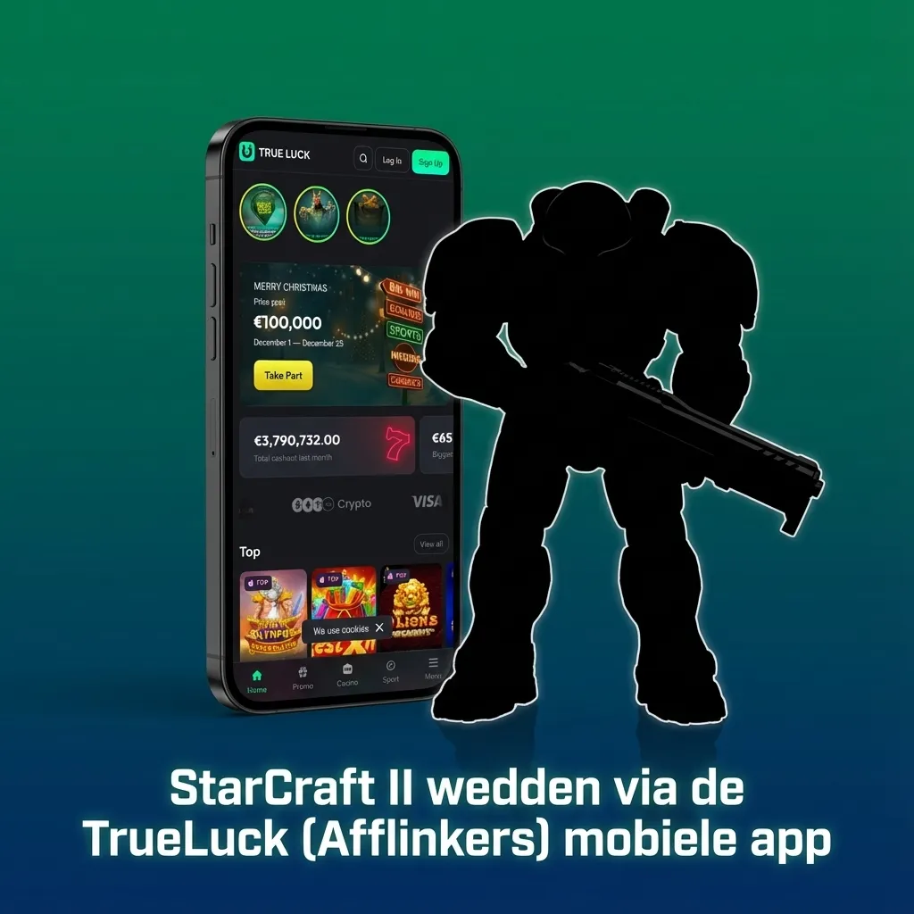 Persoon houdt smartphone vast met StarCraft II-wedden scherm in de TrueLuck app, naast futuristische game-achtergrond