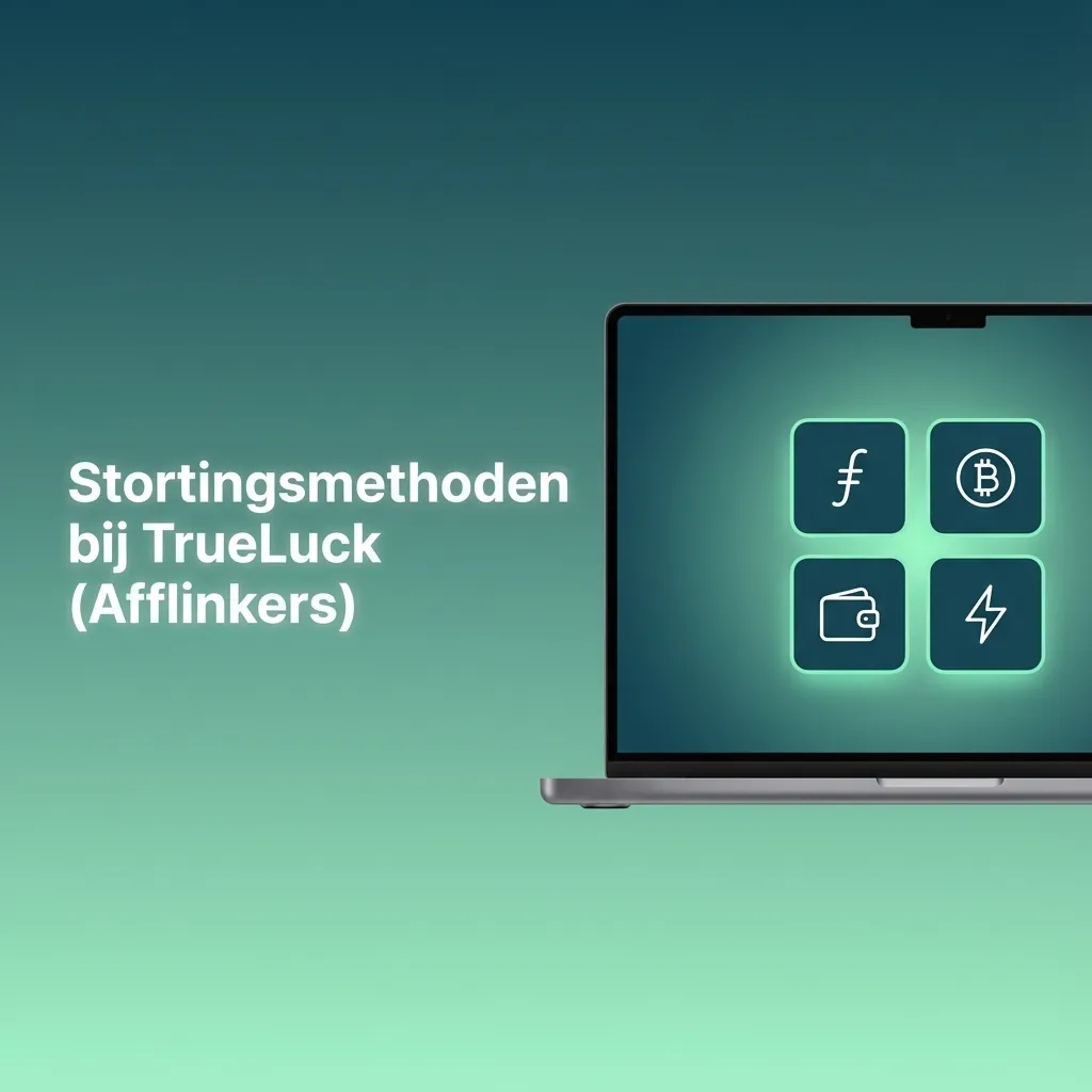 Illustratie van TrueLuck-kassapagina met stortingsstappen en icoontjes van Nederlandse online betaalmethoden