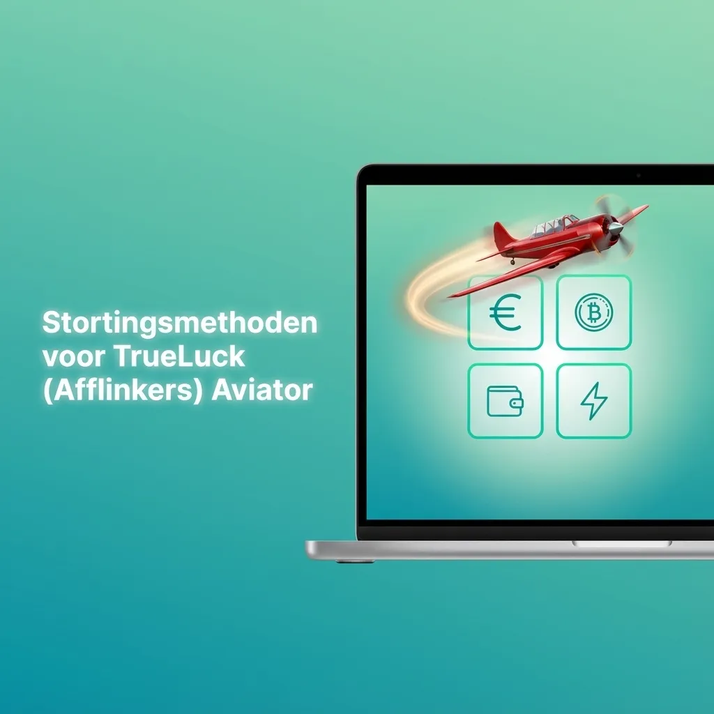 Smartphone scherm met TrueLuck Aviator stortingspagina en iconen van banken, creditcards, crypto en mobiele betaalapps.