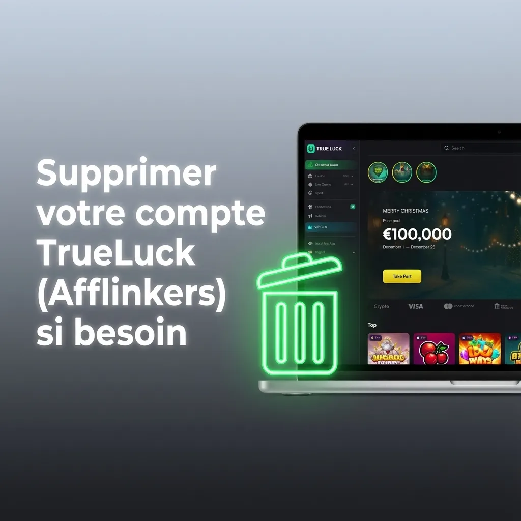 Illustration d’un utilisateur fermant son compte TrueLuck Afflinkers via l’interface, avec options de jeu responsable visible.
