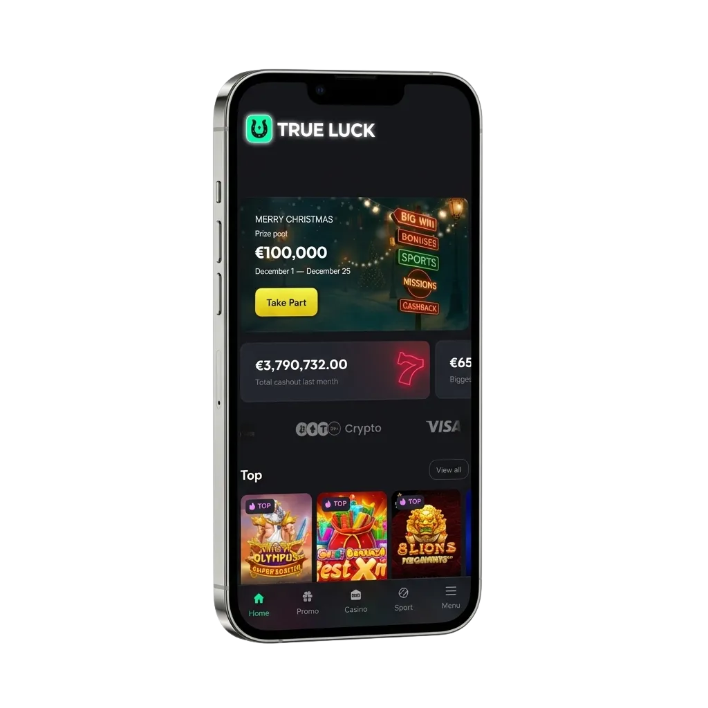 Mockup de l’application mobile TrueLuck Afflinkers avec bonus de bienvenue et options de paris sportifs et casino sur smartphone