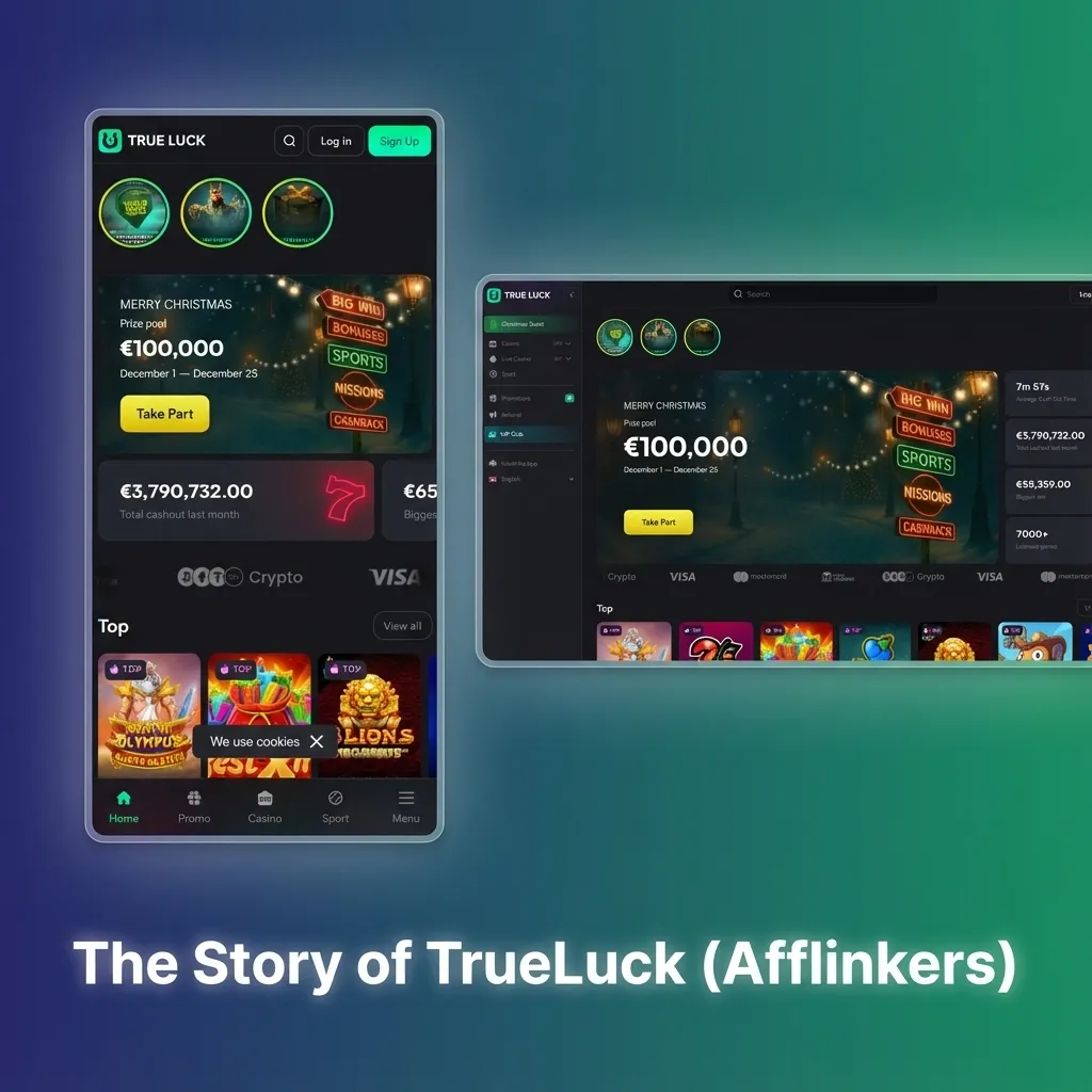 Illustrated timeline of TrueLuck (Afflinkers) growth from 2021 startup to full online betting and casino platform.