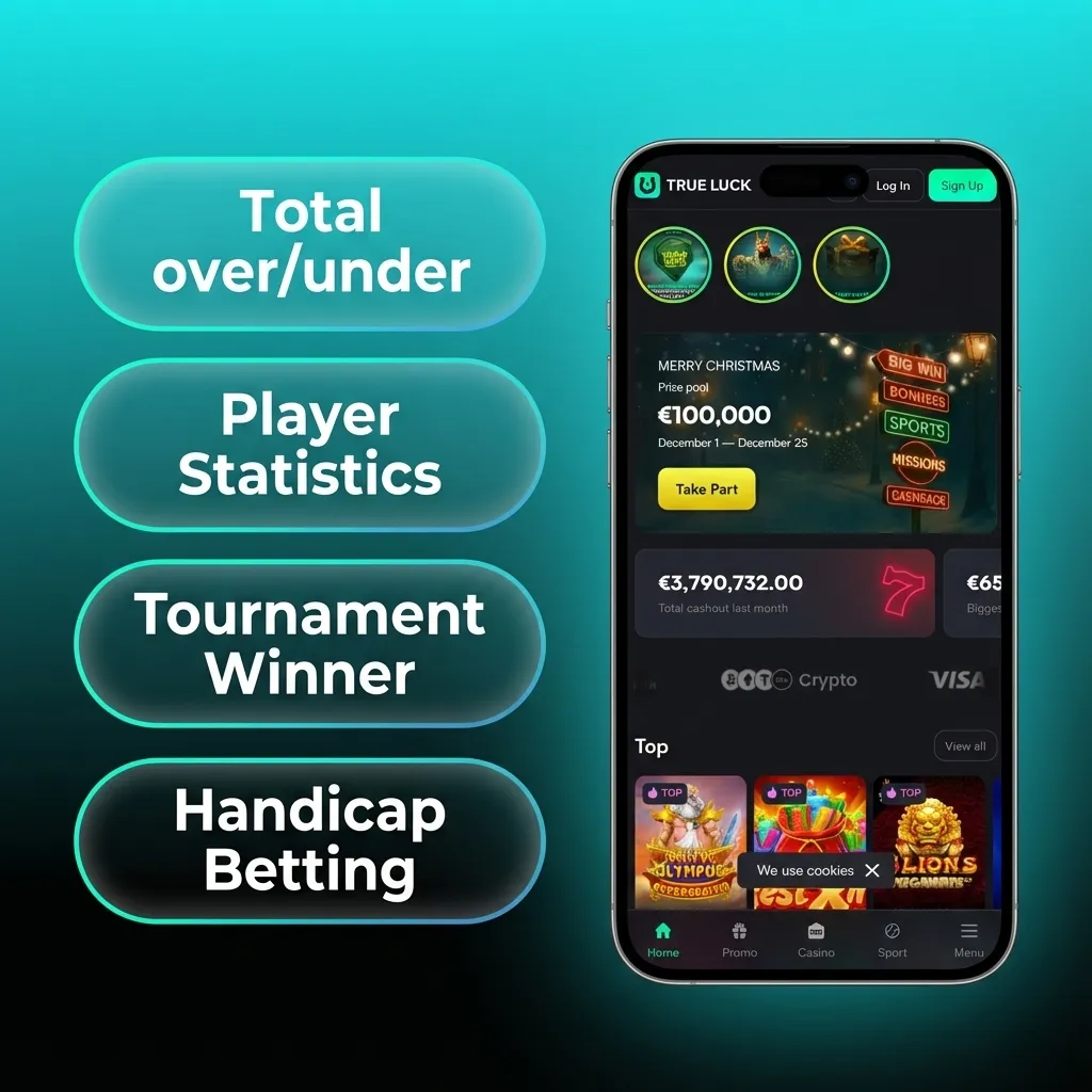 Pantalla de la app TrueLuck mostrando tipos de apuestas: simple, combinada, sistema, en vivo y hándicap.