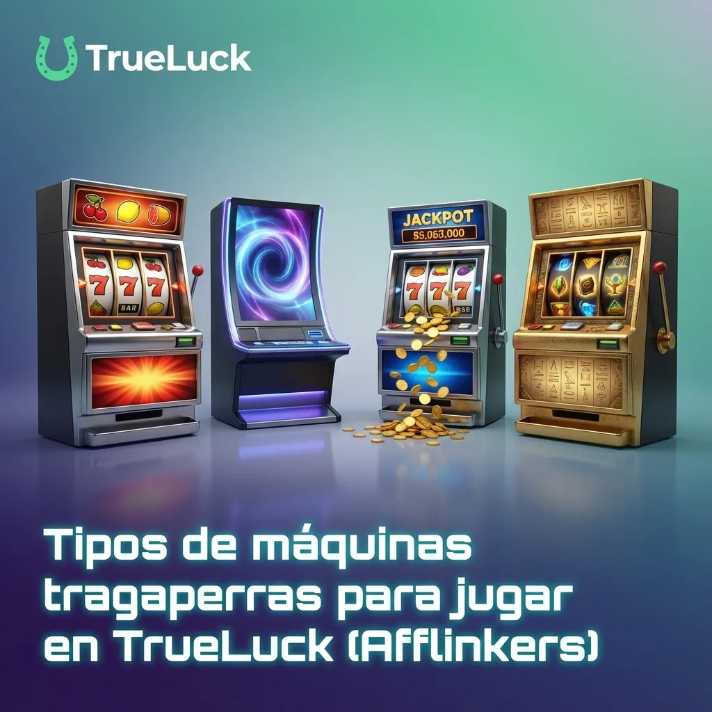 Collage de distintas slots online de TrueLuck: clásicas de frutas, Megaways, jackpots y video slots coloridas en pantalla.