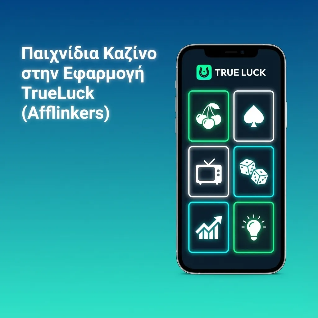 Οθόνη κινητού με την εφαρμογή TrueLuck (Afflinkers), κάτω μπάρα με Καζίνο, Live Καζίνο, Στοίχημα και Προσφορές