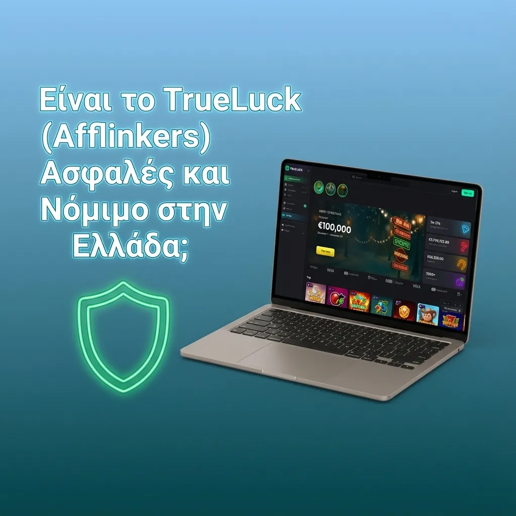 Γυναίκα στον υπολογιστή σε σελίδα TrueLuck, σύμβολα ασφάλειας και νομικών εικονιδίων για υπεύθυνο παιχνίδι στην Ελλάδα