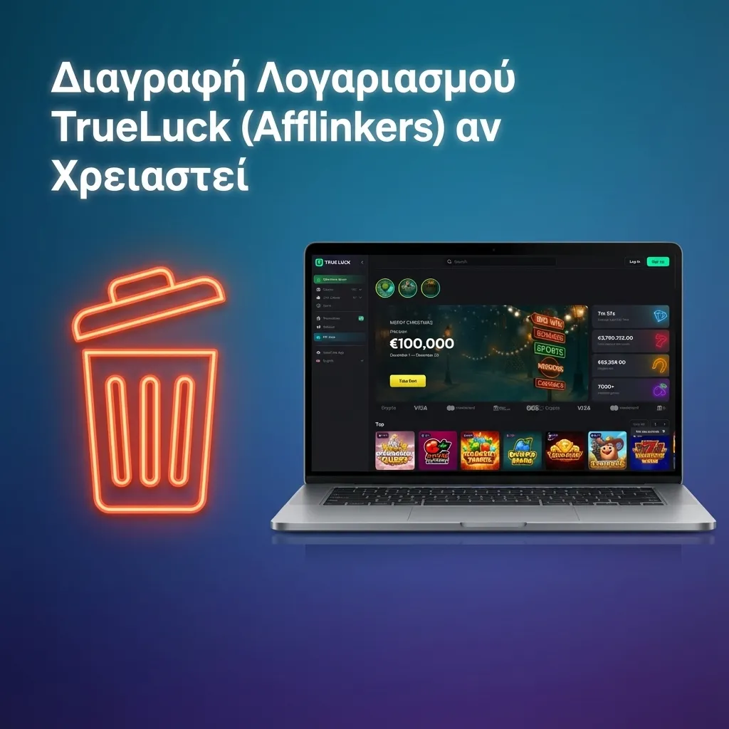 Οθόνη υποστήριξης TrueLuck με χρήστη που ζητά διαγραφή ή προσωρινό κλείσιμο λογαριασμού online