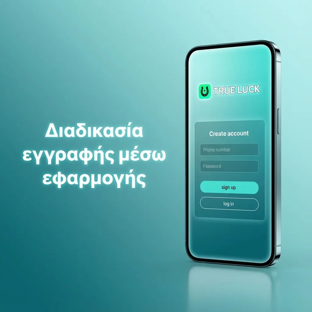 Διάγραμμα βημάτων εγγραφής σε εφαρμογή καζίνο/στοιχήματος σε κινητό, με πεδία στοιχείων και επιβεβαίωσης όρων