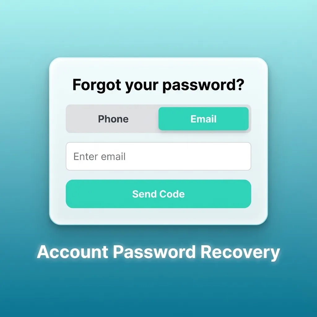 Illustration of password recovery steps: forgot password link, email or SMS code, and creating a new secure password.