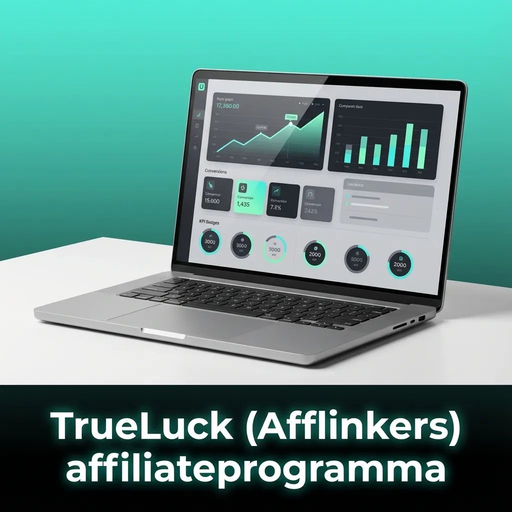 Banner voor TrueLuck (Afflinkers) affiliateprogramma met uitleg over commissies, promomateriaal, trackinglinks en rapportages