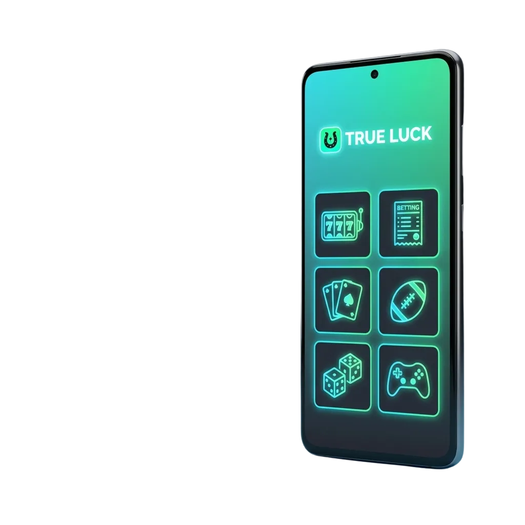 Smartphone-Screen mit geöffneter TrueLuck (Afflinkers) Android App für Sportwetten, Slots und Live-Casino